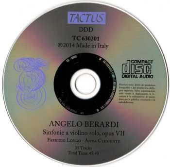 CD Angelo Berardi: Sinfonie A Violino Solo, Opus VII 545482