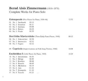 CD Bernd Alois Zimmermann: Complete Works For Piano Solo 546525