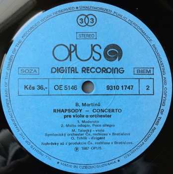 LP Bohuslav Martinů: Rhapsody-Concerto For Viola And Orchestra / Incantation (Piano Concerto No. 4) 613379