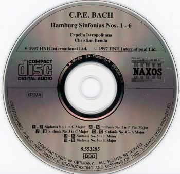 CD Carl Philipp Emanuel Bach: Hamburg Sinfonias Nos. 1 - 6 433731