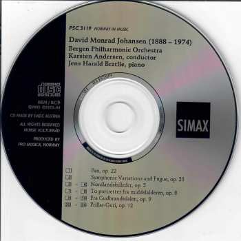 CD David Monrad Johansen: Piano Works Symphonic Variations and Fugue, op.23 Pan, op. 22 656496