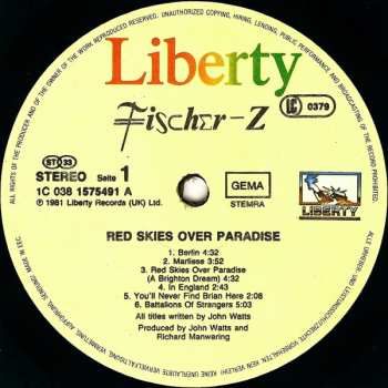 LP Fischer-Z: Red Skies Over Paradise 633125