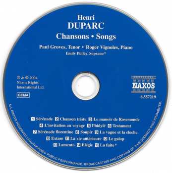 CD Henri Duparc: Chansons - Songs For Voice And Piano 276119