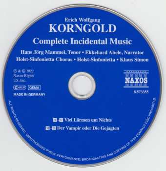 CD Erich Wolfgang Korngold: Complete Incidental Music: Much Ado About Nothing; Der Vampir 595259