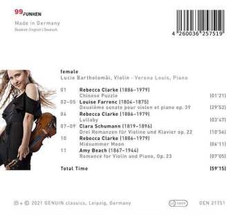 CD Lucie Bartholomäi: Female: Works By Rebecca Clarke, Clara Schumann, Louise Farrenc And Amy Beach 557994