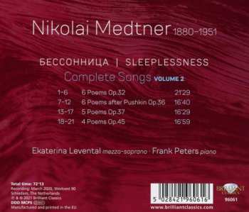 CD Nikolai Medtner: Sleeplessness, Complete Songs, Vol. 2 648159