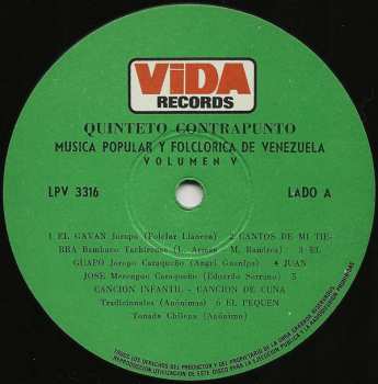 LP Quinteto Contrapunto: Música Popular Y Folclórica De Venezuela Volumen 5 416161