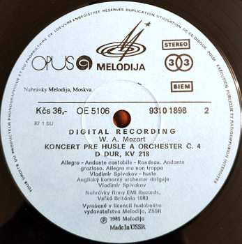 LP Wolfgang Amadeus Mozart: Koncerty Pre Husle A Orchester Č. 1 B Dur KV 207 / Č. 4  D Dur KV 218 543644